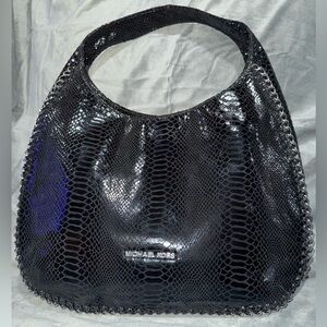 Rare HTF Michael Kors Shiny Black Snakeskin Python Embossed Shoulder Bag Chains!